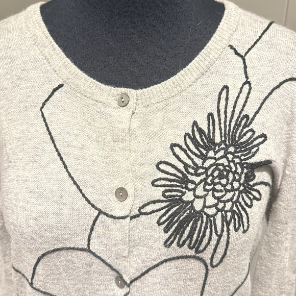 Mystree gray angora blend black floral embroidered button front cardigan. Medium - Picture 2 of 5